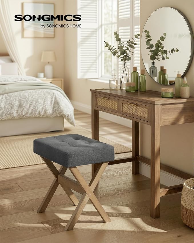 SONGMICS Makeup Stool, Padded Vanity Stool, Foot Rest, Solid Wood X Legs, for Bedroom, Closet, Entryway, 12.6 x 16.5 x 18.1 Inches, Slate Gray and Brown ULSF006GN01