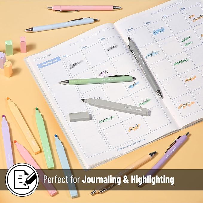 Mr. Pen- Aesthetic Highlighters and Pens No Bleed, 12 Pack, Assorted Colors Bible Highlighters No Bleed, Black Ink Bible Pens