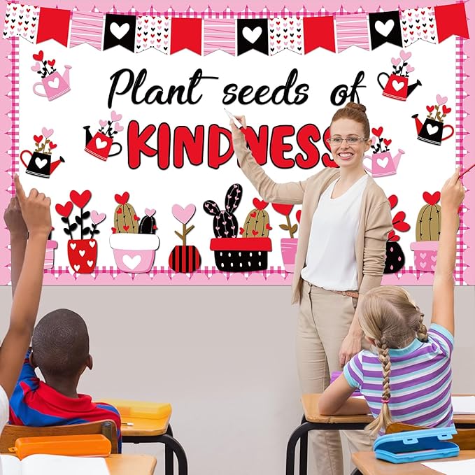 Valentine's Day Bulletin Board Set Plant Kindness Valentines Classroom Decorations Positive Motivational Potted Plant Love Heart Paper Cutouts for Party School Home Chalkboard Wall Decor Supplies
