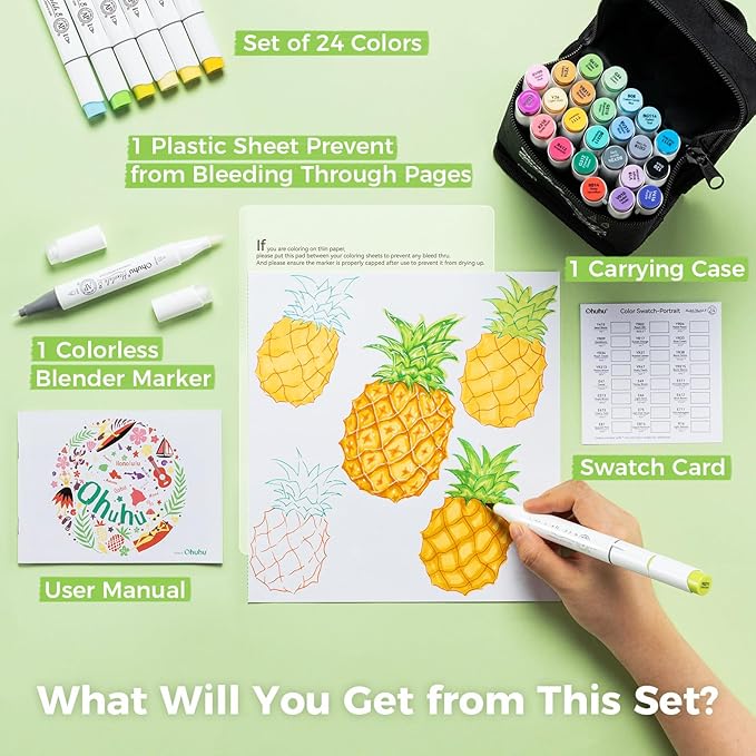 Ohuhu Alcohol Markers Brush Tip, AP Certificated 24 Basic Colors Double Tipped Alcohol Based Art Marker Set for Artist Sketching Adult Coloring Illustration - Brush and Fine Dual Tips - Honolulu B
