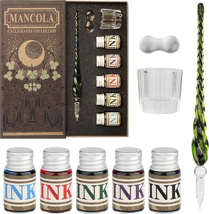 Mancola Glass Dipped Crystal Calligraphy Pen Set with 5 Colorful India Ink, 1 Pen Holder, 1 Cleaning Cup, Ink Drip Tool, Signatures, Drawing, Decoration Kits for Beginners