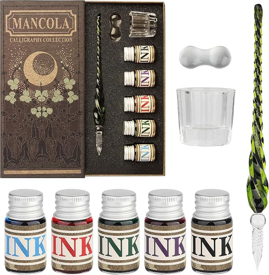 Mancola Glass Dipped Crystal Calligraphy Pen Set with 5 Colorful India Ink, 1 Pen Holder, 1 Cleaning Cup, Ink Drip Tool, Signatures, Drawing, Decoration Kits for Beginners
