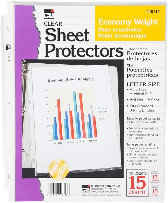 Charles Leonard Sheet Protectors, Top Loading with Binder Holes, 2 Mils Economy Weight, Letter Size, Clear, 15-Pack (48115)