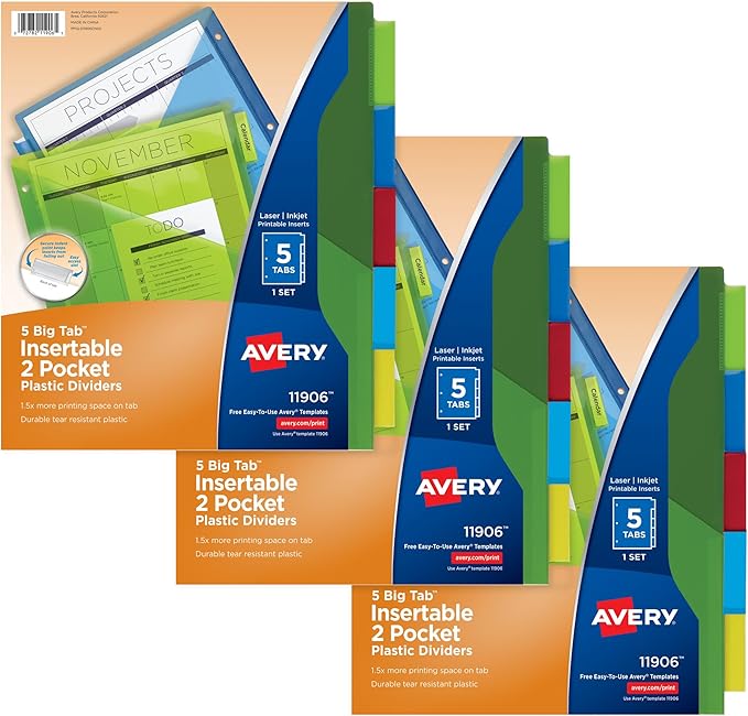 Avery Dividers for 3 Ring Binders, 5-Tab Sets, Two-Pocket Plastic Binder Dividers with Tabs, Multicolor, 3 Sets (71906) (Pack of 8)