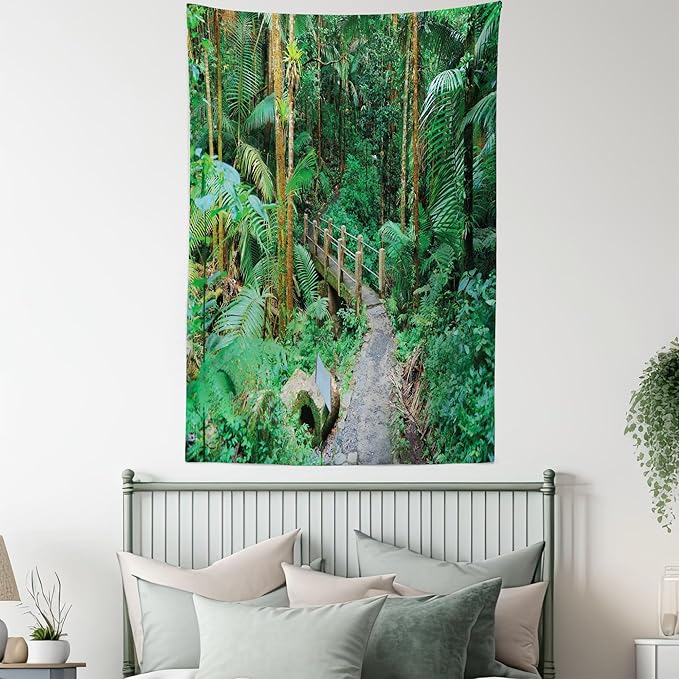 Ambesonne Puerto Rico Tapestry Queen Size, Tropical Rain Forest in San Juan Exotic Jungle Nature Photography, Wall Hanging Bedspread Bed Cover Wall Decor, 88" X 88", Green Pale Brown Ginger