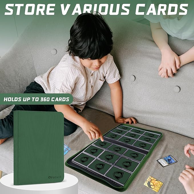 Card Binder 9 Pocket with Zipper,360 Pockets Trading Card Holder Book, Premium PU Cover Zip Folder Binder for TCG, MTG,Sports Cards, Game Cards (Greens)