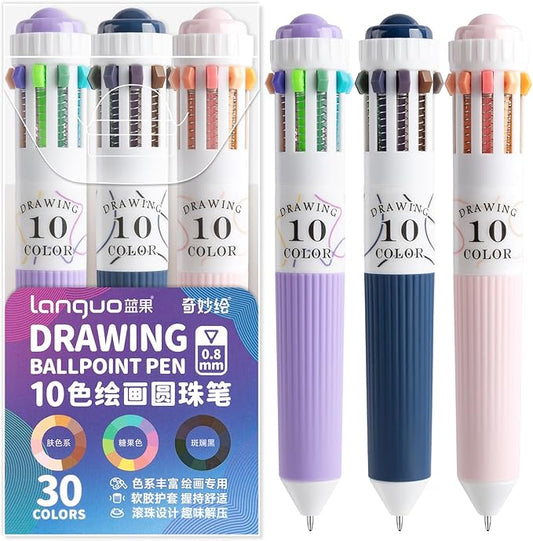 3 Park Multicolor Pens, 10-in-1 Colored Ballpoint Pen, 28 Colors, 0.8mm Fine Point Smooth Writing, Retractable Ballpoint Pens for Office School Students Children