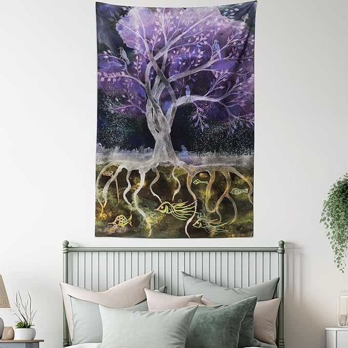 Ambesonne Tree of Life Tapestry, Psychedelic Mysterious Nature at Night Birds and Fishes Home Art, Fabric Wall Hanging Decor for Bedroom Living Room Dorm, 30" X 45", Purple Black