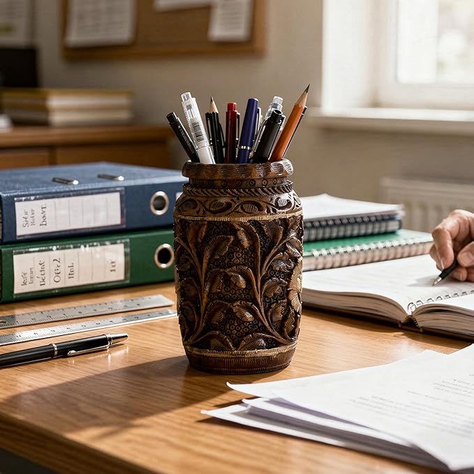 Craft Trade Hand Carved Wood Pen Holder for Desk Organizer for Home School Office Supplies Pencil Cup Pot Storage Box Suitable for Stationery - Natural Wood