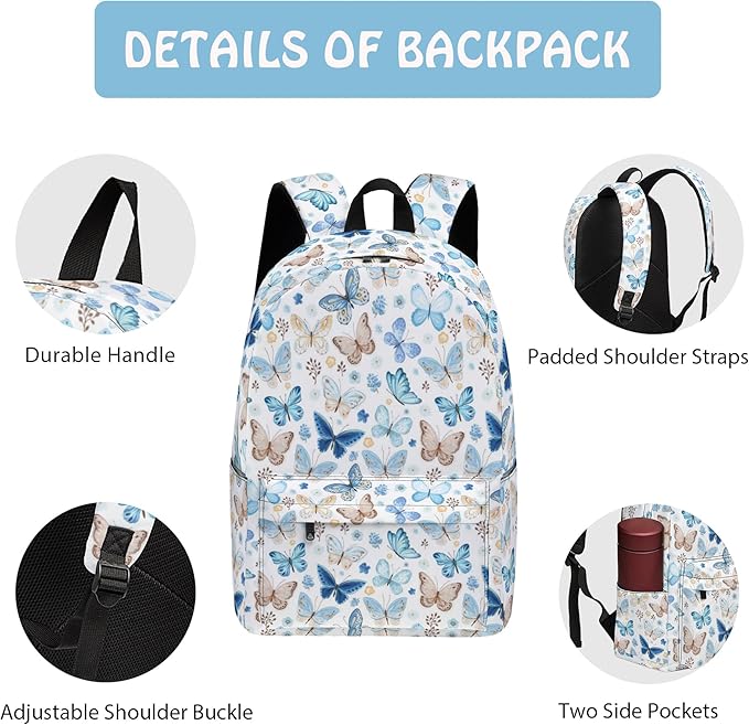 Butterfly 3PCS Backpack Set for Teens Elementary Middle High School, 17 Inch Lightweight Classic Bookpack 3 in 1 Set for Girls Boys, Kids Back to School Backpack with Lunch Box Pencil Case