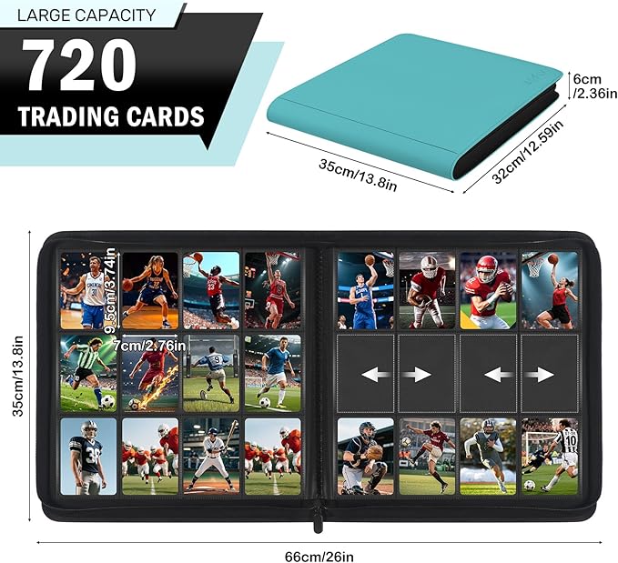 12 Pocket Card Binder, Zipper Trading Card Binder, 720 Large Capacity Side Loading Non-Ring Card Album, Double Sided Acid-Free Card Protector Binder, Card Collection for TCG, MTG, Sport Card, Teal