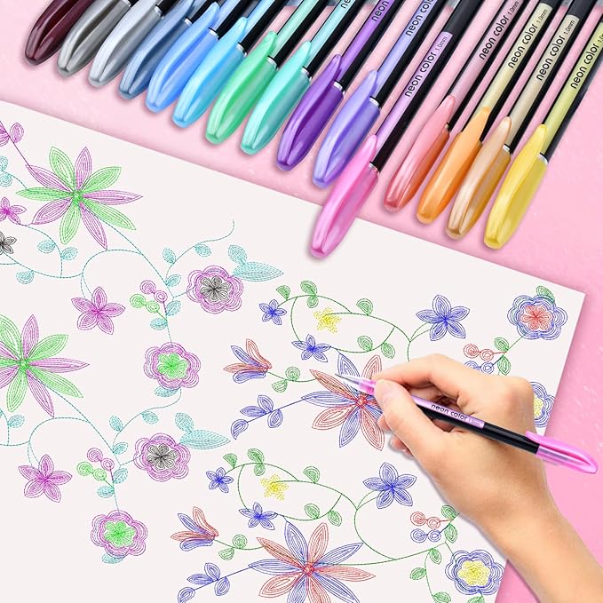 36 Colors Gel Pens Gel Pen Set for Adult Coloring, Metallic Glitter Pens & Gel Ink Pens for Journaling, Drawing, Cute Journal Pens Colored Gel Pens for Black Paper Writing