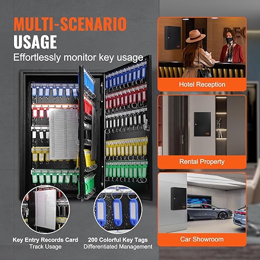 VEVOR 200-Key Cabinet, Key Lock Box with Adjustable Racks, Security Key Storage Box Steel, Key Organizer with 200 Colorful Key Tags and 4 Record Cards for School, Office, Hotel
