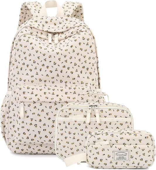 Backpack for Girls Boy Teen Corduroy Bookbags Elementary Middle High School Women Laptop Bag with Lunch Box Pencil Bag (Flower Beige)
