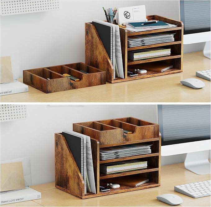 Wood Desk File Organizer with Side File Rack, Space-Efficient Design Easy to Assemble for Efficient Office Setup, Reduces Desk Clutter (Brown)