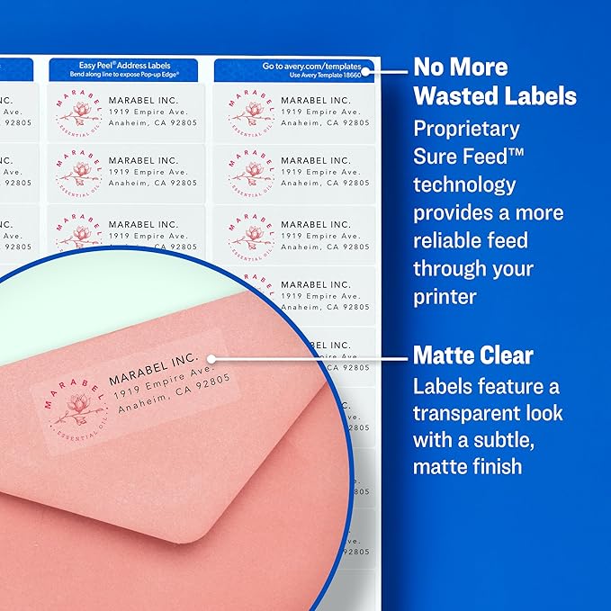 Avery Printable Shipping Labels with Sure Feed, 3-1/3" x 4", Matte Clear, 60 Blank Mailing Labels (15664)