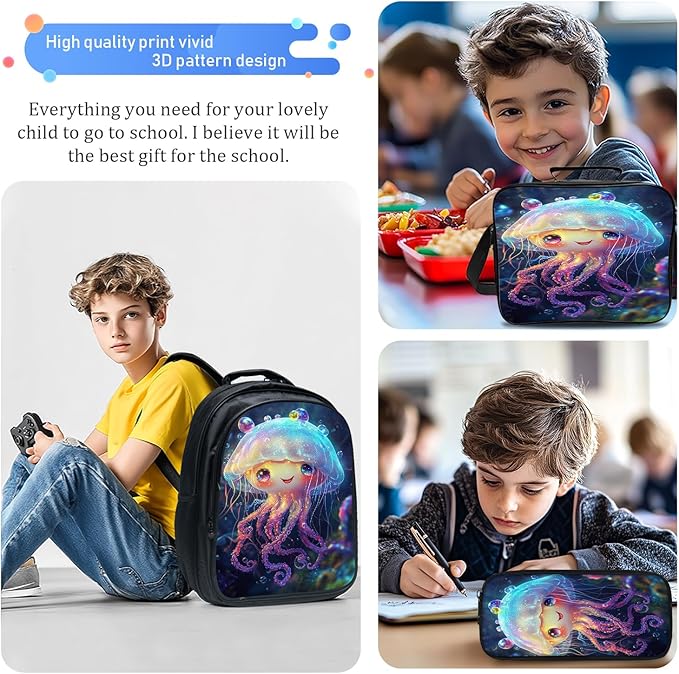 Cute Jellyfish Backpack Set 3 Piece School Bags and Lunch Box with Pencil Case Blue Ocean Jellyfish Bookbag Set for Toddler Kids Girls Boys Teens Kindergarten Elementary Middle