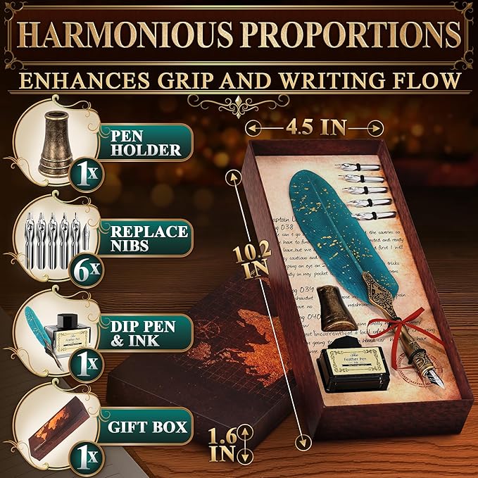 Feather Quill Pen and Ink Set – Stainless Steel Dip Pen Writing Quill and Ink Set with 5 Replacement Nibs, Non-Slip Knurled Grip, Display Stand and Elegant Gift Box – Calligraphy Gift Set (Turquoise)