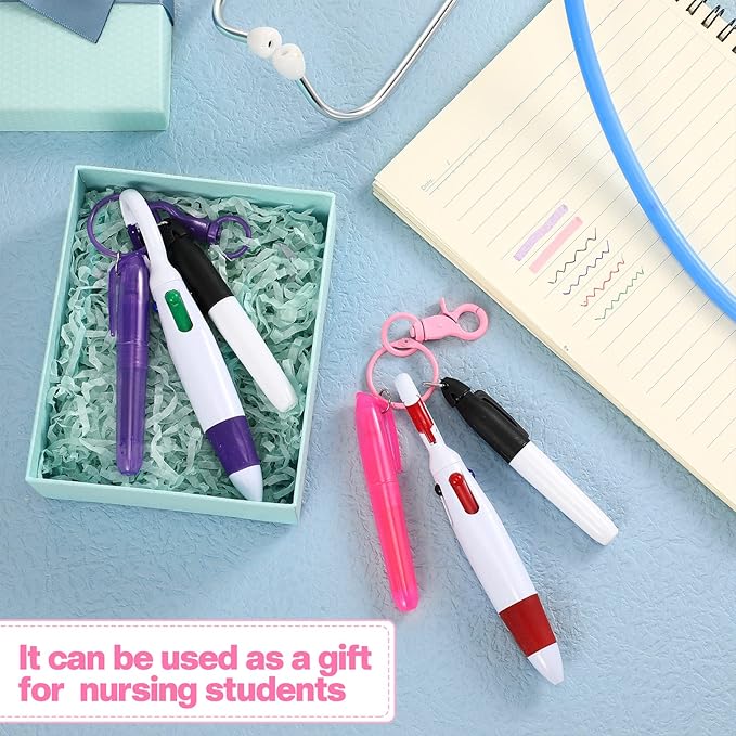 Sabary Mini Highlighter Nurse Pen Pack Set Nurse Pens for Badge Include Pink and Purple Tip Highlighter 2 Permanent Marker and 2 Retractable Ball with 2 Keychain Clip(Pink, Purple)