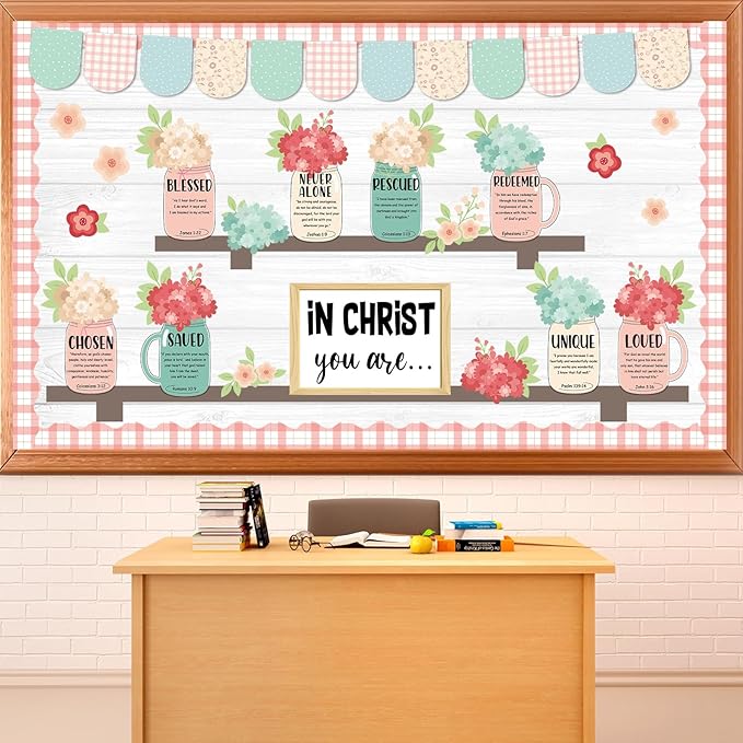 Spring Christian Religious Bulletin Board Set Christian Floral Classroom Decorations Colored Flowers and Vases Bookshelf Paper Cutouts for Sunday School Church Office Home Chalkboard Wall Door Decor