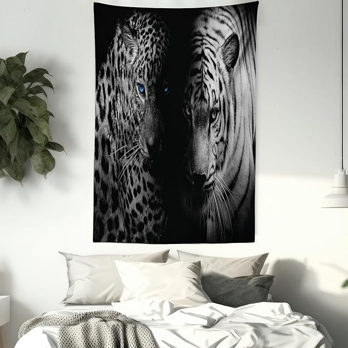 Ambesonne Leopard Tapestry, Animal Eyes Aggressive Powerful Wildcat Profile Print Monochrome Design, Fabric Wall Hanging Decor for Bedroom Living Room Dorm, 30" X 45", Black White Blue