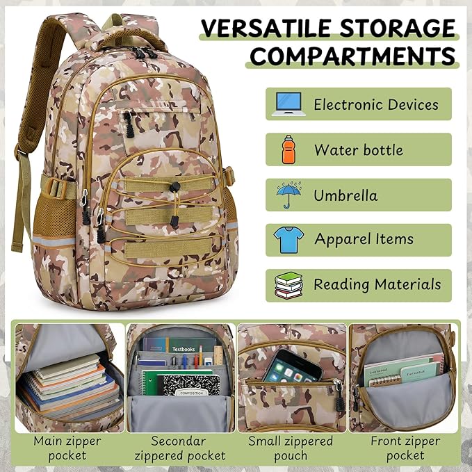 Kids Backpack for Boys - Camo Boys Backpacks for Kids Teens Elementary Middle School, 18″ Camouflag Students Bookbag with Usb Charging Port & Key-chain, Perfect for Travel and School