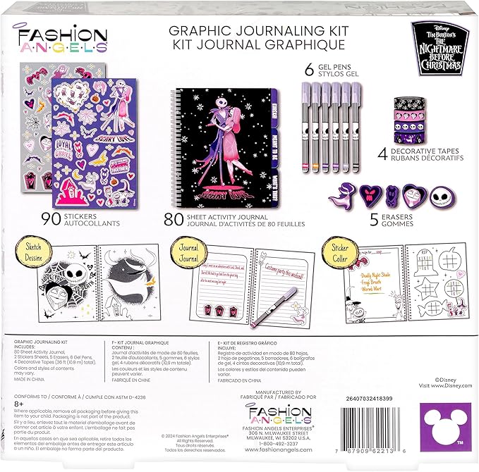 Fashion Angels The Nightmare Before Christmas Graphic Journaling Kit, Journal Set Includes Stickers, Gel Pens, Tape & Erasers, Ideal for Kids & Teens