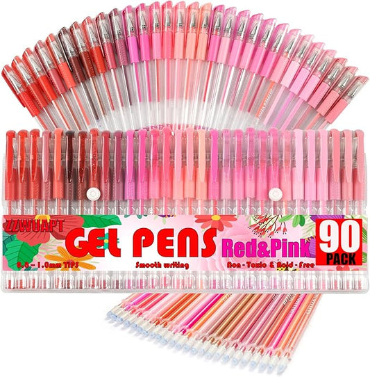 90 Pack Pink Red Tone Gel Pens, 30 Pink Red Gel Pens with 60 Refills,40% More Ink Colored Gel Pens for Adults Coloring Drawing Doodling Scrapbook Journaling