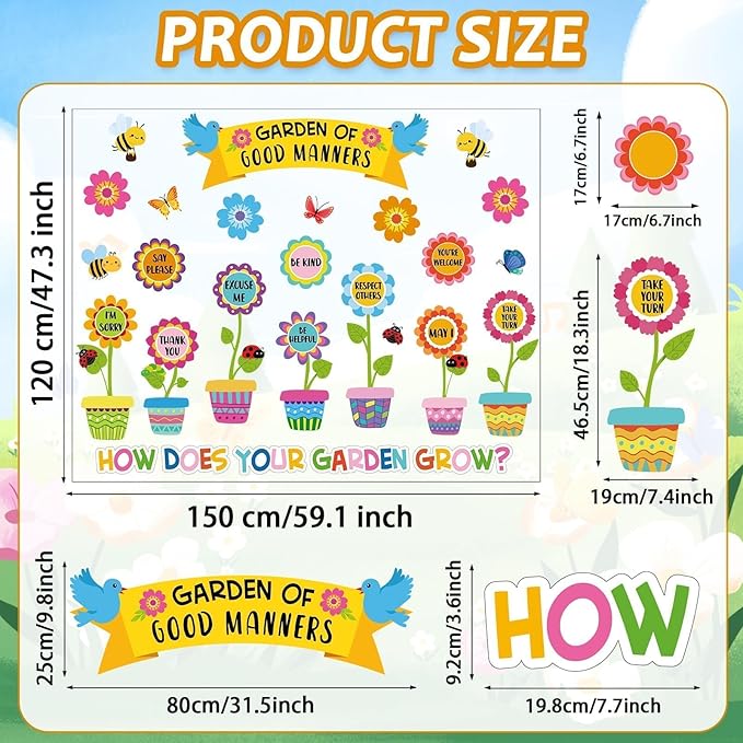 Large Spring Bulletin Board Flowers Decorations Classroom Garden of Good Manners Positive Bulletin Board Set Spring Butterfly Flowers Bee Cutouts Wall Decals for Teachers Classroom School Kids Decor
