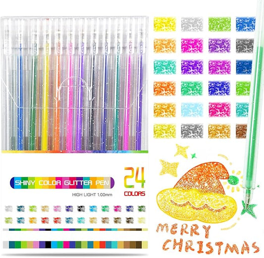 SAYEEC Glitter Gel Pens, 24 Colored Metallic Gel Pens Set, 1.0mm Super Sparkle Gel Ink Pens, Art Glitter Paint Markers for Adult Coloring Books Scrapbook Journaling Drawing Doodling Note Taking Crafts