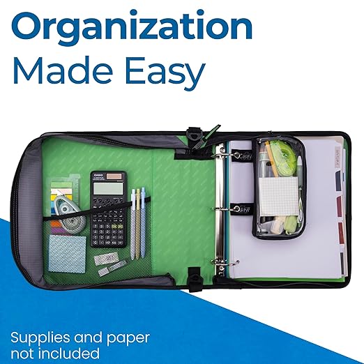 Case-it Classic Zipper Binder | 2-Inch O-Rings, 350 Sheet Capacity, Multiple Storage Pockets & Shoulder Strap | School & Office Organizer | D-251 Canopy Green