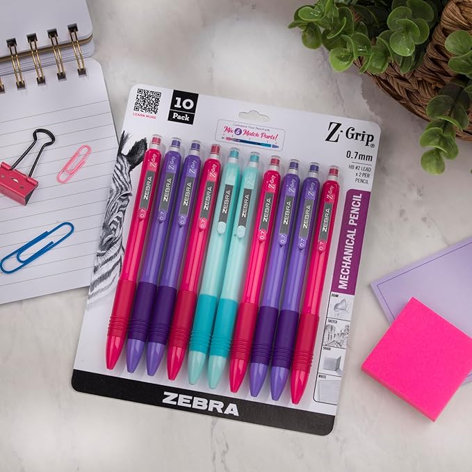 Zebra Pen, Z-Grip Mechanical Pencil, Smooth Writing, Latex-Free Grip, 0.7mm Lead, #2 HB, Pre-Loaded with Lead and Eraser, for School, Office, Everyday Use, Bright Colorful Barrels, 10-Pack, (50710)