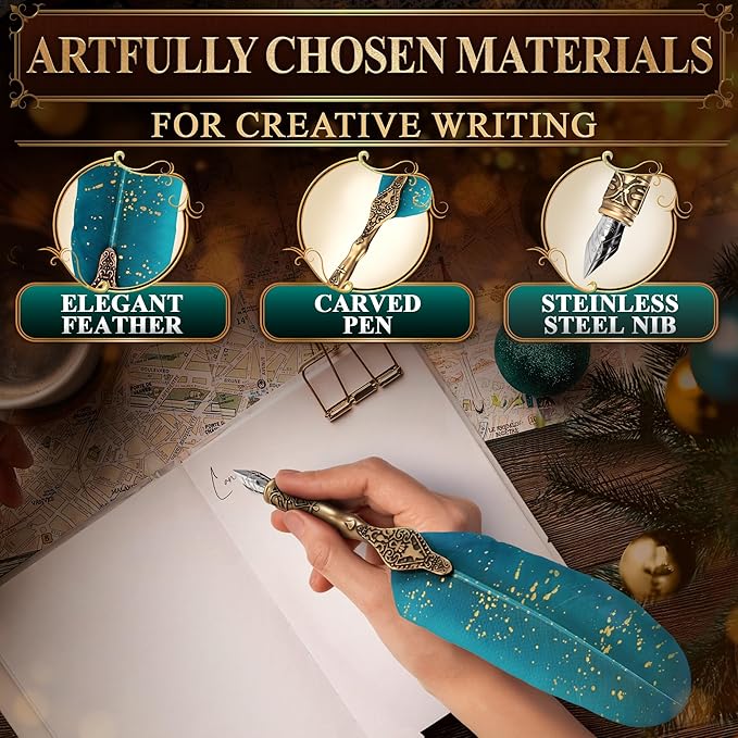 Turquoise Feather Quill Pen and Ink Set – Stainless Steel Dip Pen with 5 Nibs, Non-Slip Grip, Stand & Gift Box – Vintage Quill and Ink Set for Signing, Writing Calligraphy Kit, Elegant Writer Gift