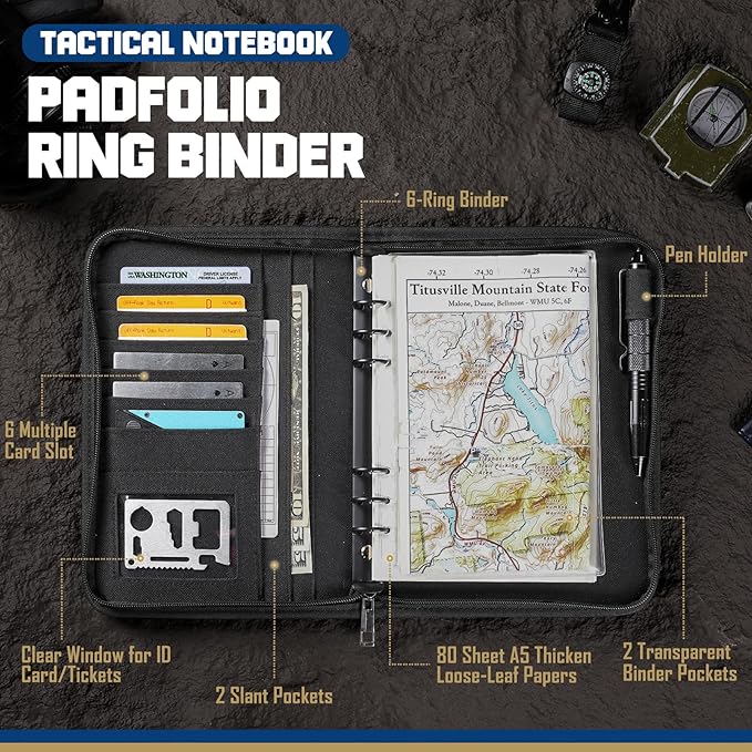 WYNEX Tactical Notebook Padfolio Ring Binder - Refillable A5 6-Ring Binder, Zip Hardcover Notebook with 80 Pages, Water-Resistant Notebook Cover for Planners, College, Office, Field, Gift