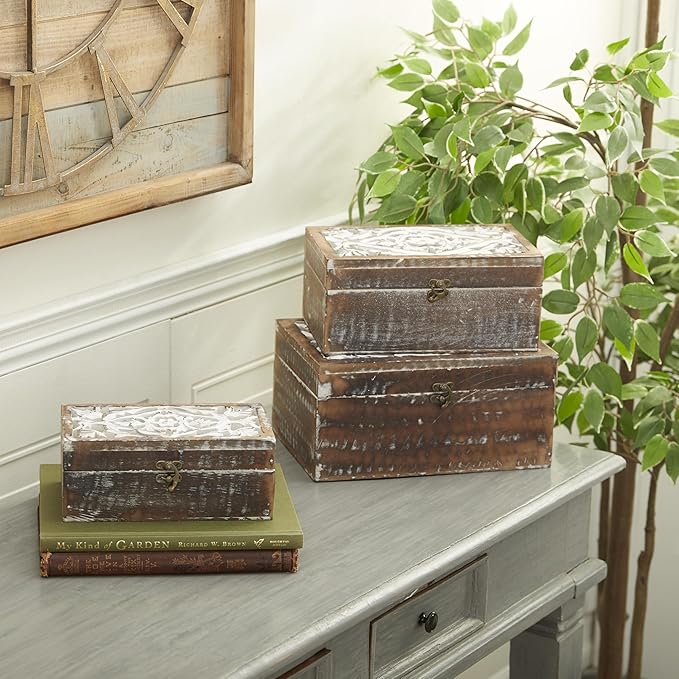 Deco 79 Wood Floral Handmade Decorative Box Decorative Keepsake Boxes with Hinged Lid, Set of 3 Storage Boxes 12", 11", 9"W, Brown