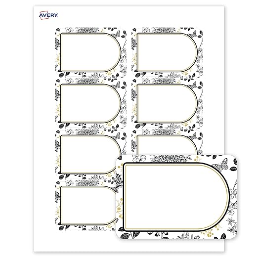 Avery Printable Adhesive Name Badges, 2-1/3" x 3-3/8", Pre-Printed Arched Gold & Black Florals Design, Matte White, Laser & Inkjet Compatible, 80 Total