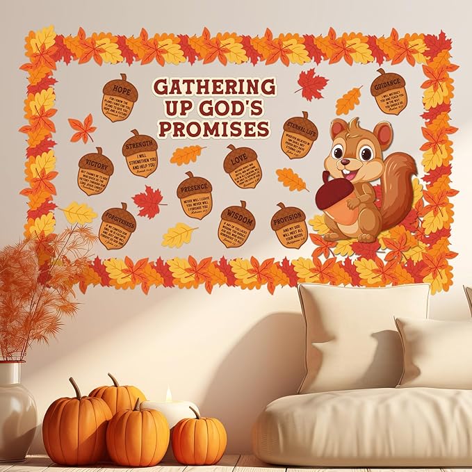 Sayglossy 105 Pcs Fall Thanksgiving Religious Bulletin Board Set Classroom Decorations Squirrel Cutouts Autumn Gathering up God's Promises Christian for Sunday School Church Decor