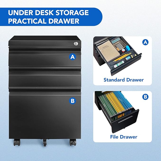 FLEXISPOT 3-Drawer Metal Mobile Filing Cabinet for Home Office - Under Desk Storage with Lock Keys - Legal/Letter/A4 File Organizer - Fully Assembled Except Wheels - Black