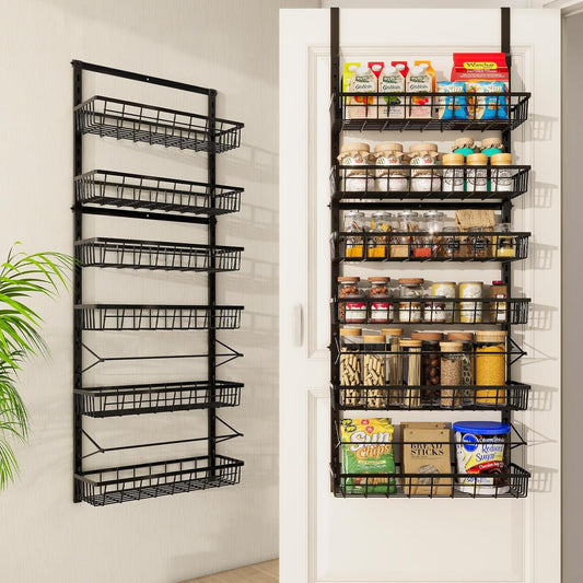 Over The Door Pantry Organizer, Pantry Storage and Organization, 6-Tier Adjustable Hanging Baskets, Metal Wall Mount Spice Rack Seasoning Shelves for Home & Kitchen, Laundry Bathroom - Black
