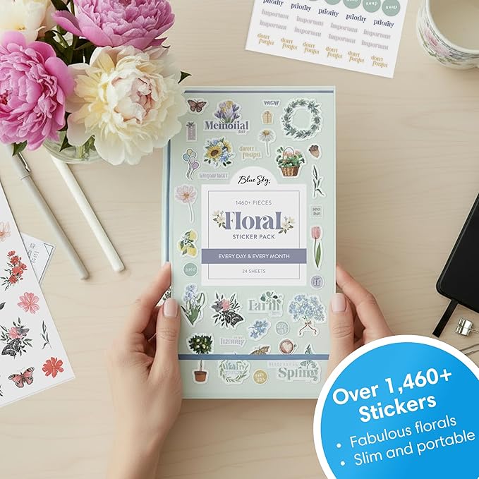 Blue Sky Sticker Book, Everyday and Monthly Planner Stickers, Undated, Glued with Bungee, 1460+ Stickers for Journals and Calendars (Floral, 4.5" x 9")