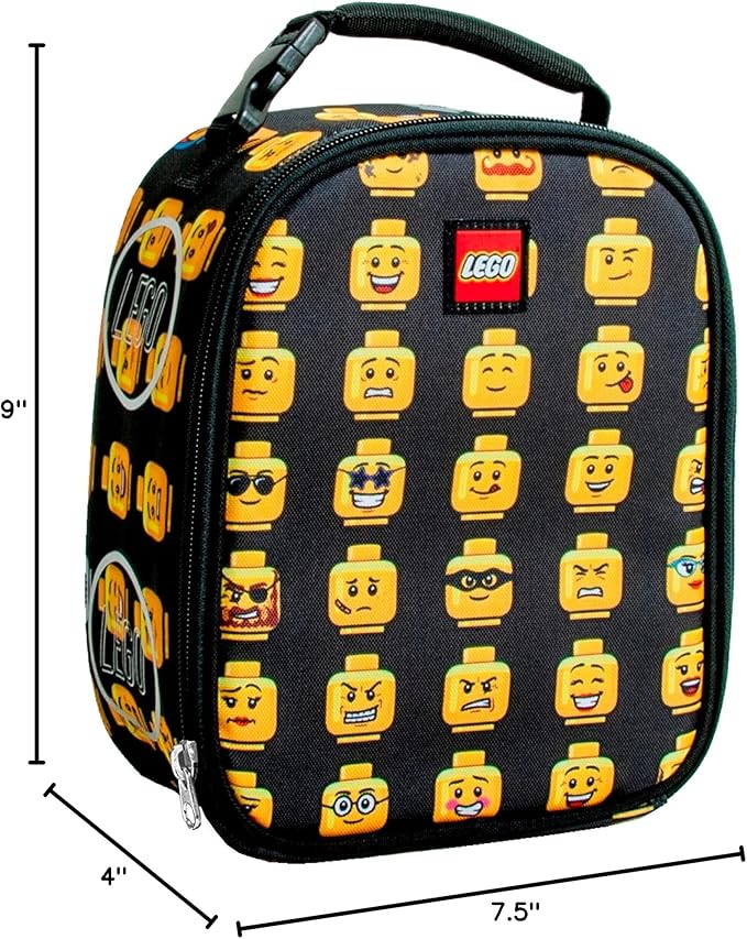 LEGO Kids Heritage Classic Lunch Box, Insulated Soft Reusable Lunch Bag Meal Container for Boys and Girls, Perfect for School or Travel, Meal Tote Keeps Food and Drinks Cold with Buckle, Minifigure