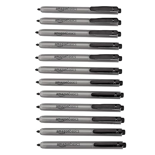 Amazon Basics Retractable Permanent Markers, Quick Drying Fade Resistant Ink, Versatile Art Supplies for Drawing, Black, 12 Count