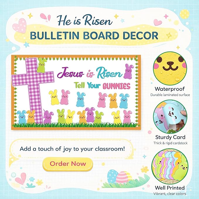 Pajean Easter Bulletin Boards Easter Classroom Decor Christian Religious Bulletin Board He is Risen Cross Bunny Egg Cutouts for Spring School Home Church Wall Door (Rabbit)