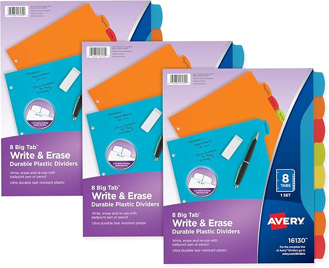 Avery Big Tab Write & Erase Durable Plastic Dividers,8-Tab Set,Multicolor Brights,3 Sets (21210),(Pack of 8)