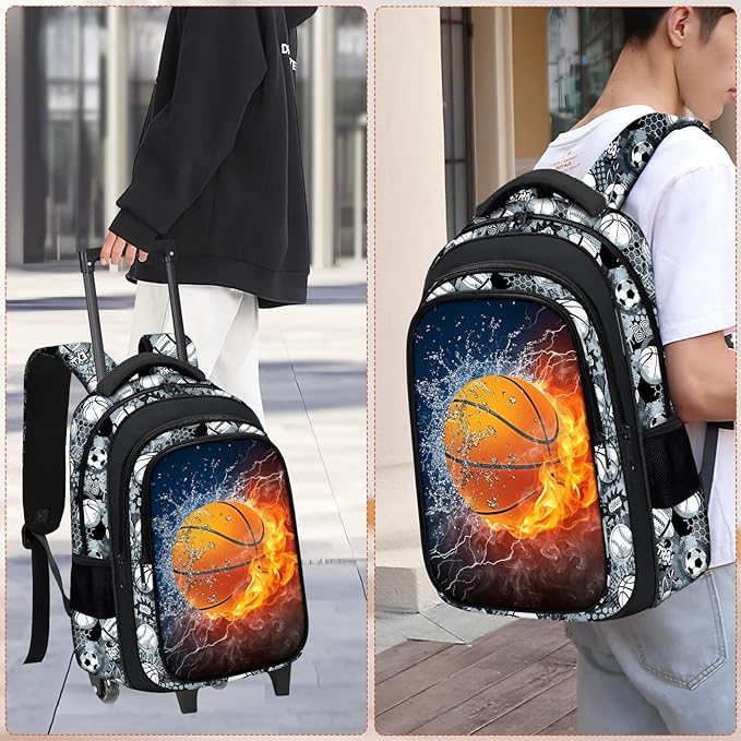 Boys Rolling Backpack for Kids - Basketball Kids Rolling Backpack with Wheels for Elementary Middle School Students - Sport Roller School Bookbag Aged 6-18, Wheeled Travel Bag Large Capacity