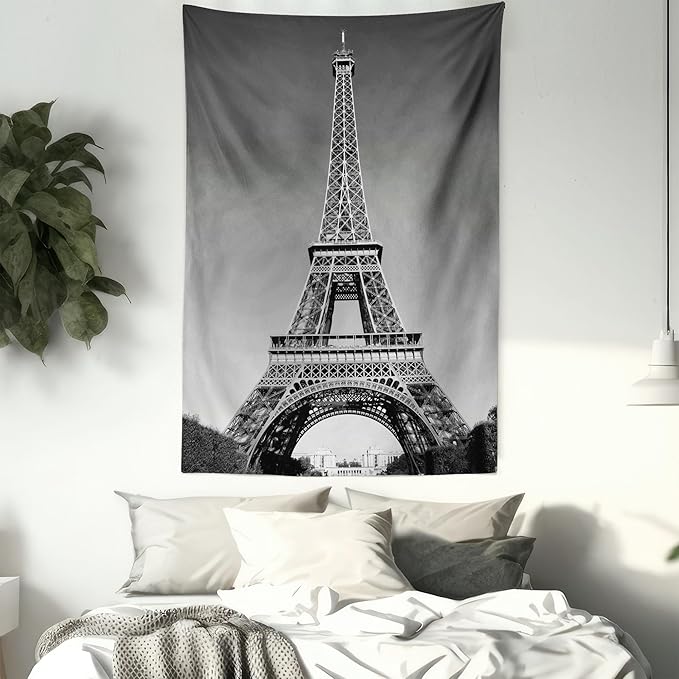 Ambesonne Eiffel Tower Tapestry Twin Size, Paris Landmark Monochrome Picture of Cityscape European Urban Famous Place Image, Wall Hanging Bedspread Bed Cover Wall Decor, 68" X 88", Grey