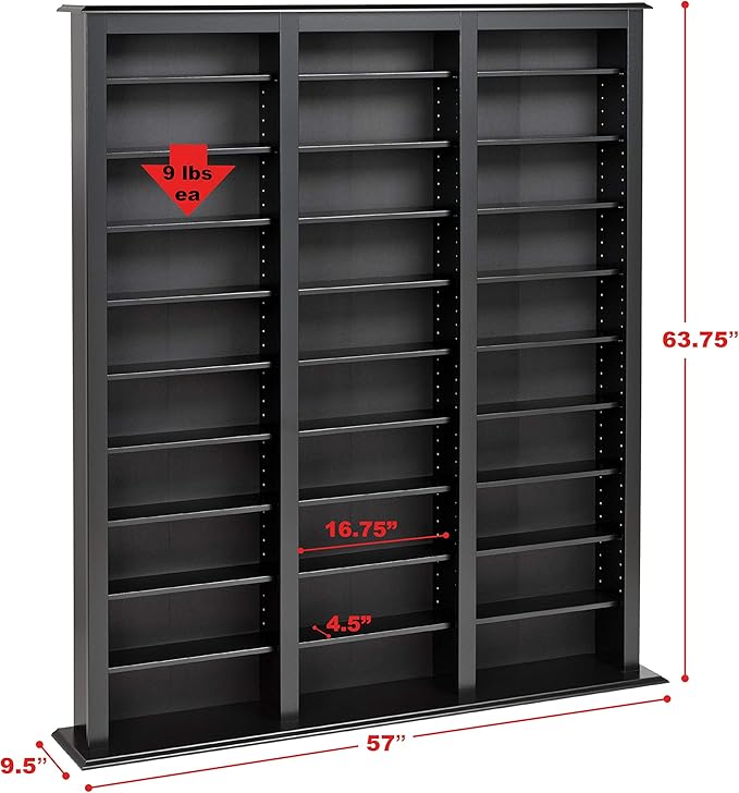 Prepac Barrister 3 Column Tall Storage Cabinet, Black Storage Cabinet with 27 Adjustable Shelves Display DVD for Living Room, 9.5" D x 57" W x 63.75" H