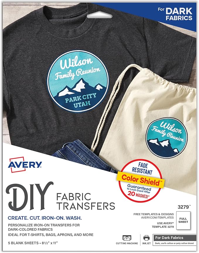 Avery Printable Heat Transfer Paper for Dark Fabrics, 8.5" x 11", Inkjet Printer Compatible, 5 Sheets of Iron On Transfer Paper, Great for Custom Shirts, Uniforms, Gifts, and More (3279)