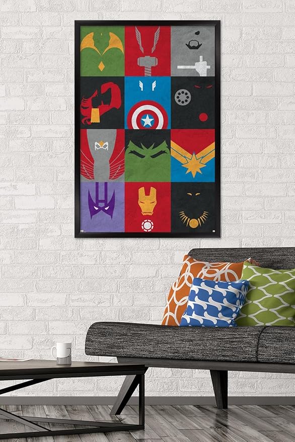 24X36 Marvel Comics Avengers - Minimalist Grid Wall Poster, 36L" x 24W", Black Framed Version