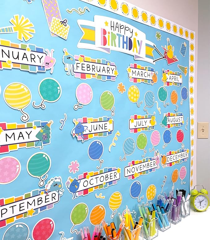 Carson Dellosa Happy Place 73 pc Bundle of Birthday Decorations, Monthly Calendar Headers, Confetti, Cupcakes, Presents, and Balloon Cutouts for Party, Classroom, Bulletin Board, and Wall Decor